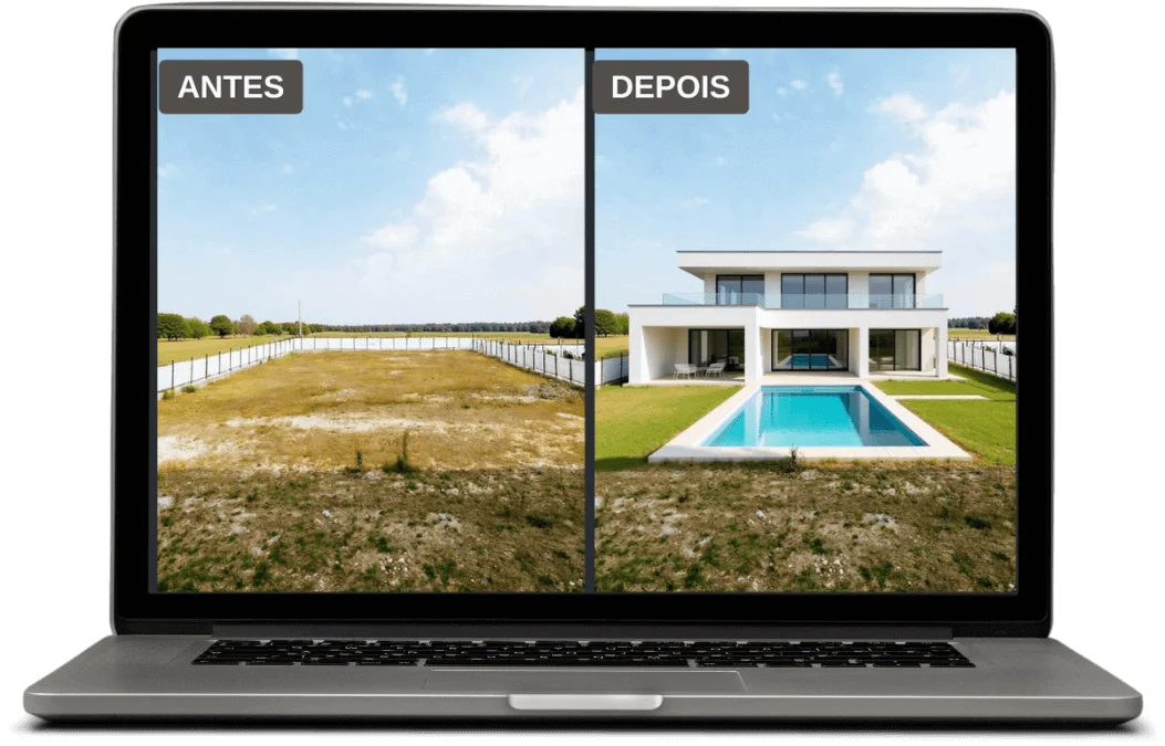 Comparativo antes e depois de um terreno vazio transformado em casa com piscina